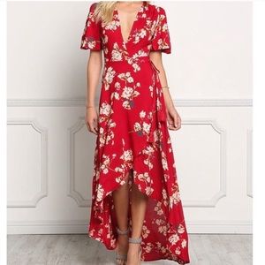 Red Floral Wrap Dress